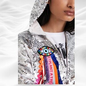 NEW Desigual X Johnson Hartig Libertine Small Sequin Hoodie‎ Rainbow Ribbon Eye